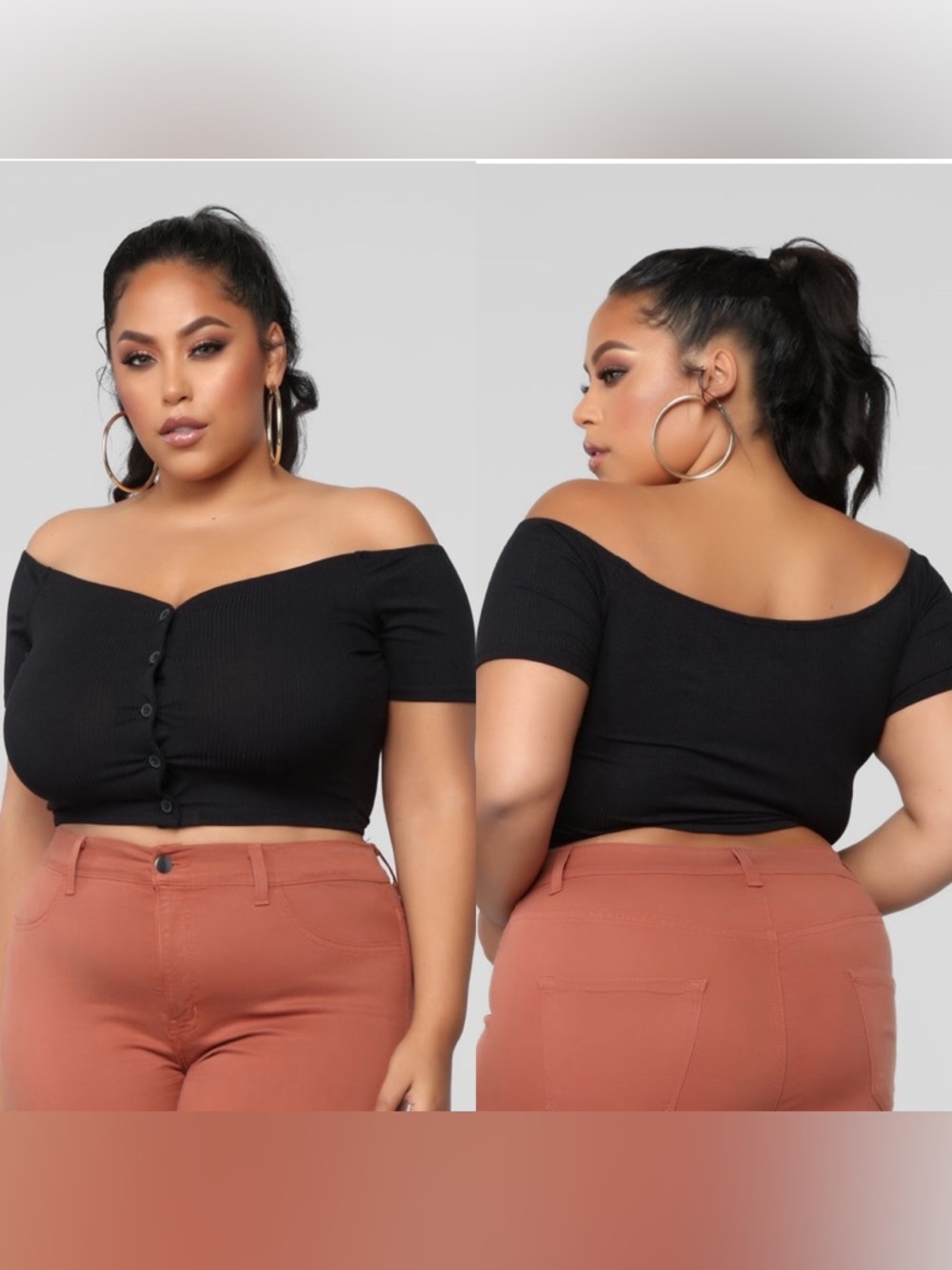 Fashion Nova Off-Shoulder Button Crop Top